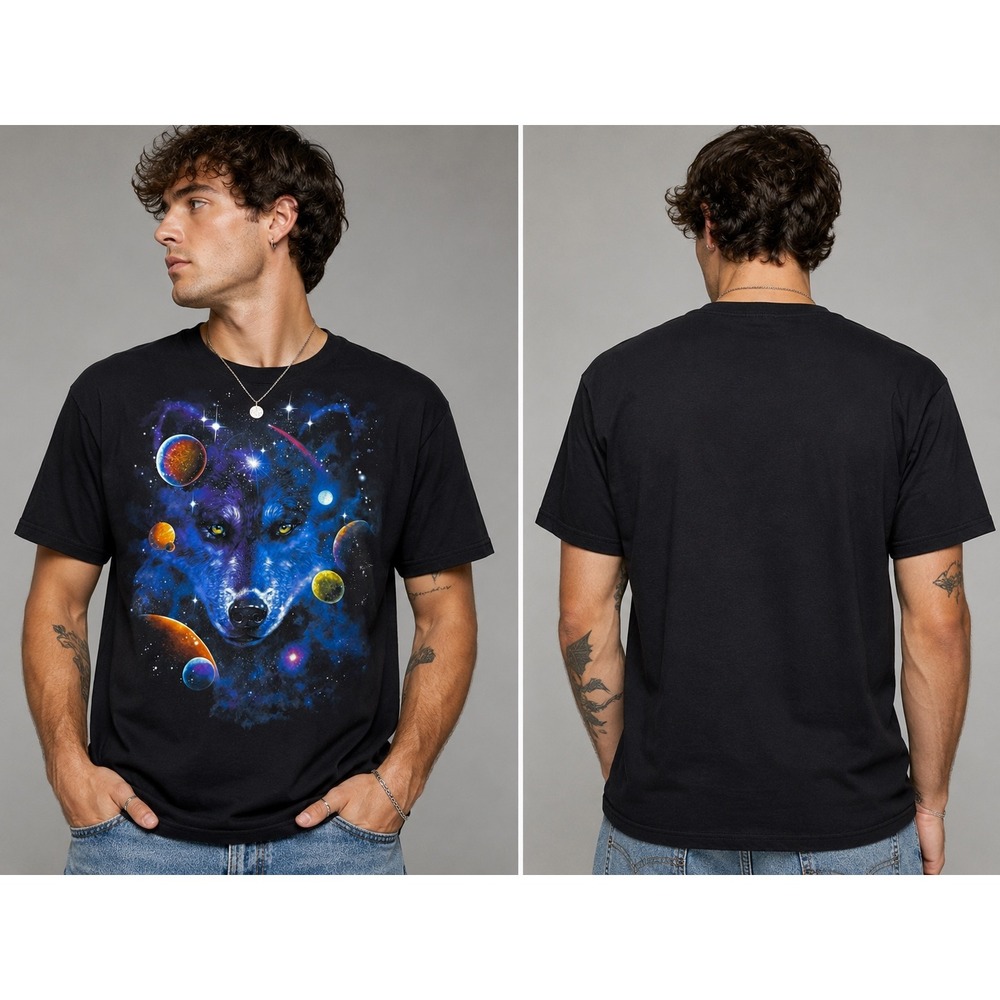 DOM adult Wolf Galaxy Space Graphic T-Shirt Black Large Cotton Short Sleeve Tee
